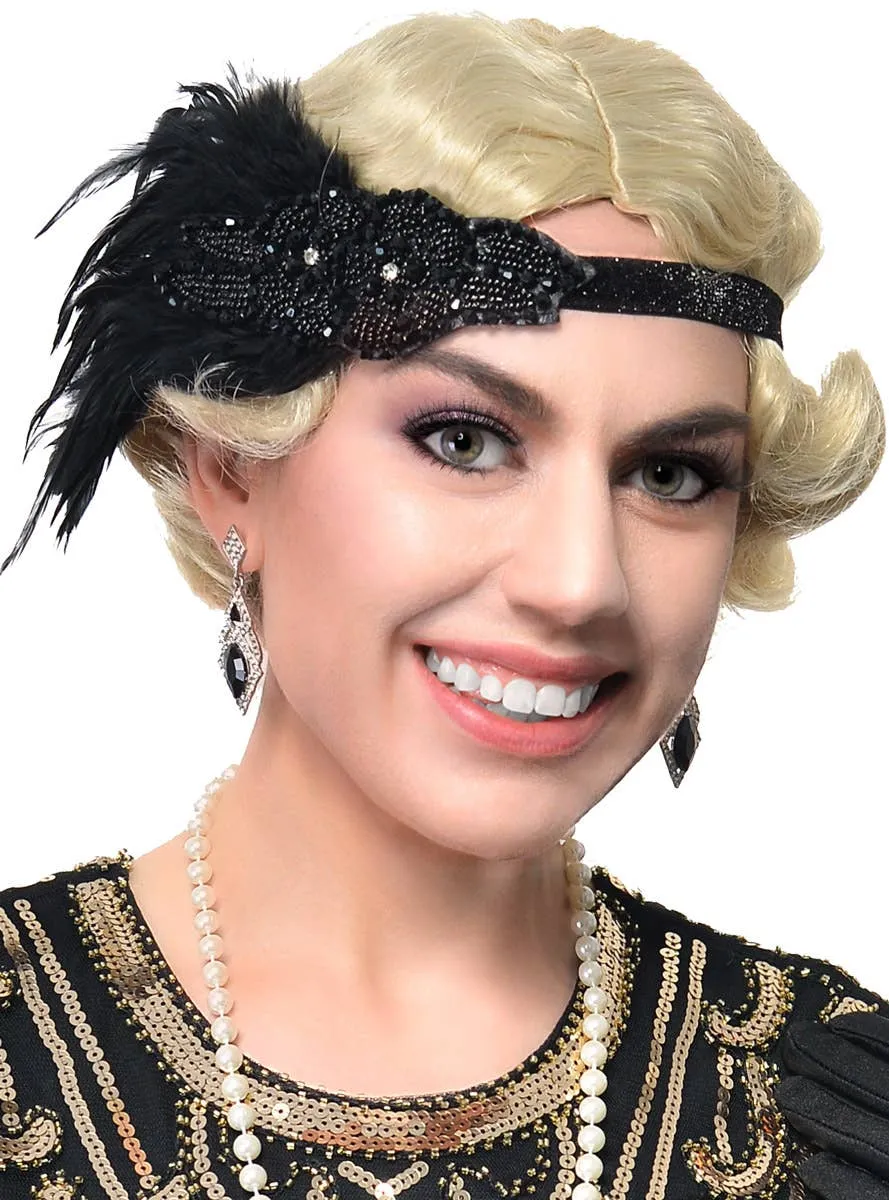 1920s Flapper Black Headband 5 Piece Accessory Set