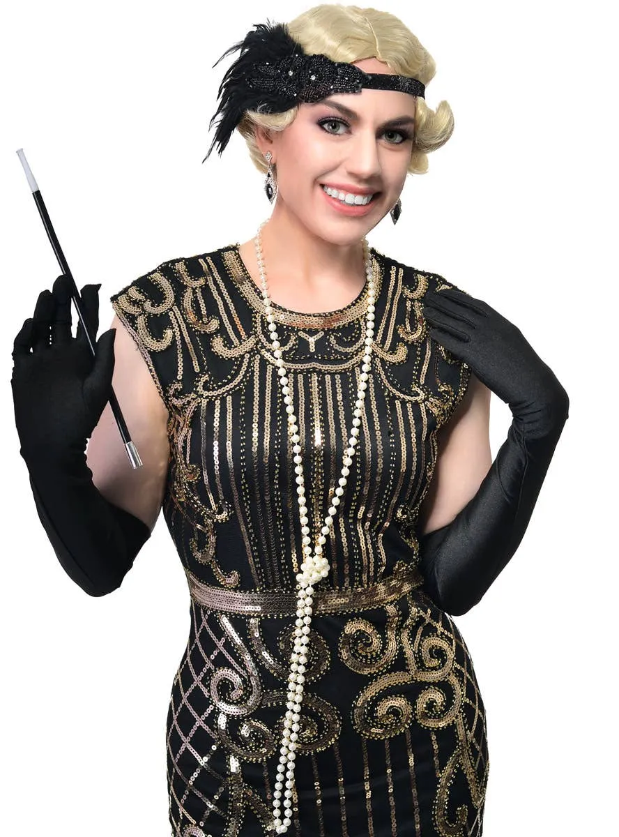 1920s Flapper Black Headband 5 Piece Accessory Set