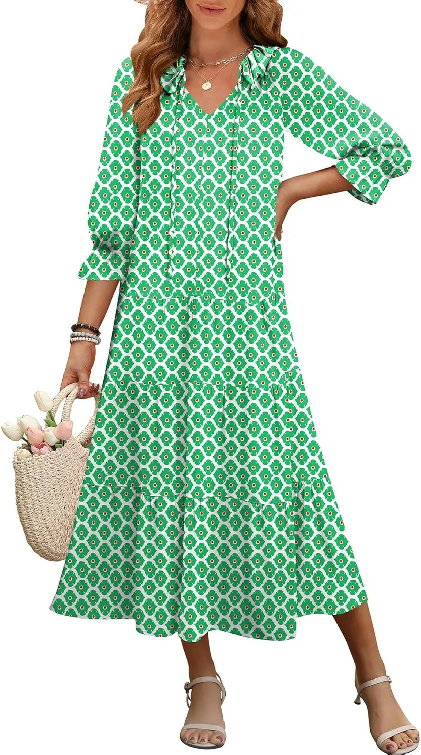 ANRABESS Women's Boho Maxi Dresses 2025 Summer Casual V Neck Puff Sleeve Floral Tiered Flowy Swing Beach Vacation Long Dress