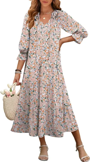ANRABESS Women's Boho Maxi Dresses 2025 Summer Casual V Neck Puff Sleeve Floral Tiered Flowy Swing Beach Vacation Long Dress