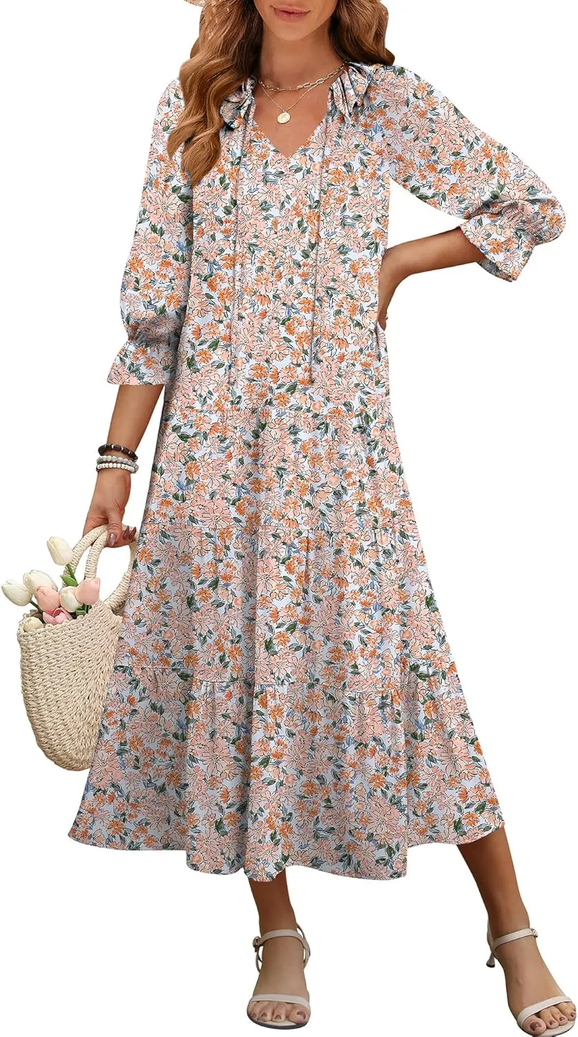 ANRABESS Women's Boho Maxi Dresses 2025 Summer Casual V Neck Puff Sleeve Floral Tiered Flowy Swing Beach Vacation Long Dress