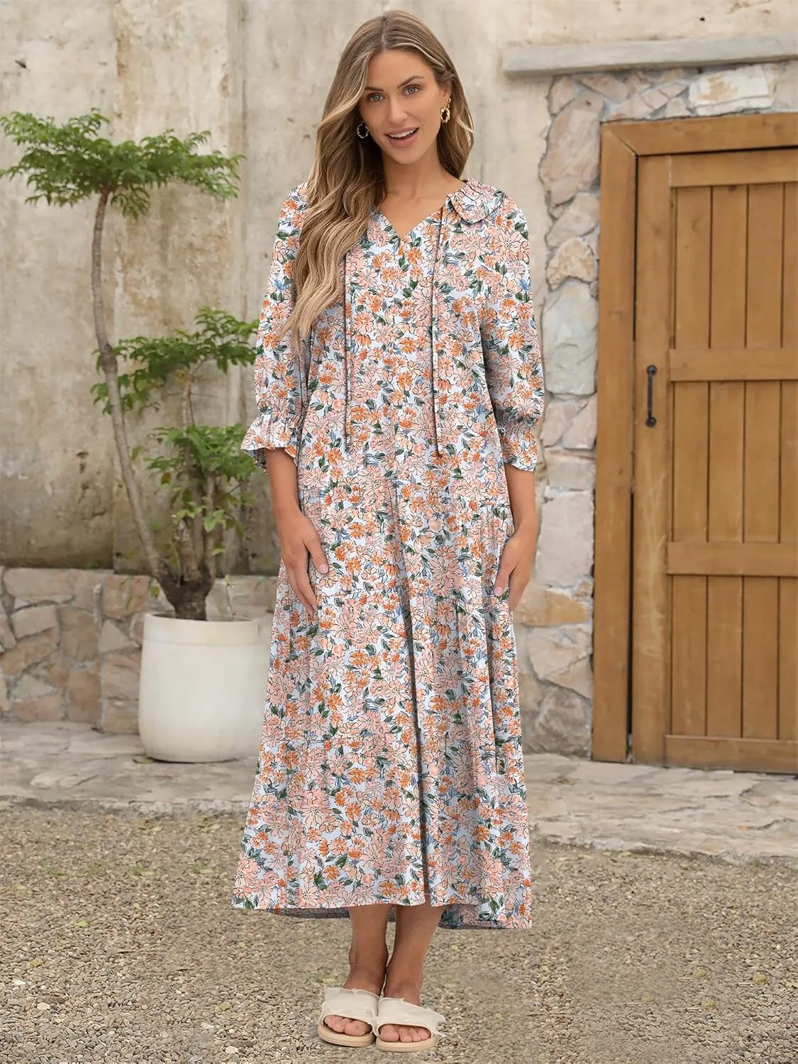 ANRABESS Women's Boho Maxi Dresses 2025 Summer Casual V Neck Puff Sleeve Floral Tiered Flowy Swing Beach Vacation Long Dress