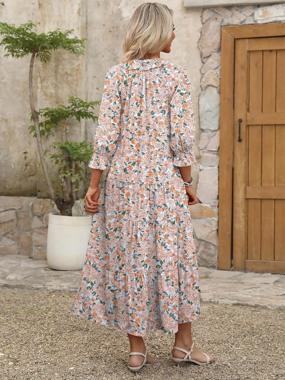 ANRABESS Women's Boho Maxi Dresses 2025 Summer Casual V Neck Puff Sleeve Floral Tiered Flowy Swing Beach Vacation Long Dress