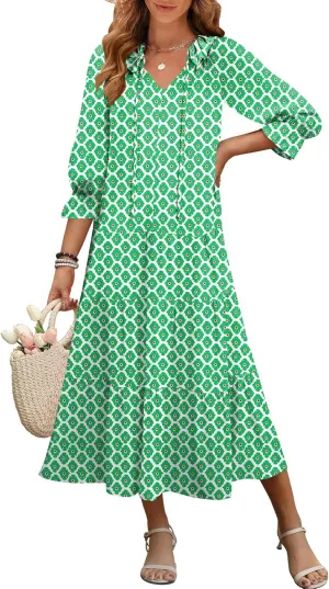 ANRABESS Women's Boho Maxi Dresses 2025 Summer Casual V Neck Puff Sleeve Floral Tiered Flowy Swing Beach Vacation Long Dress