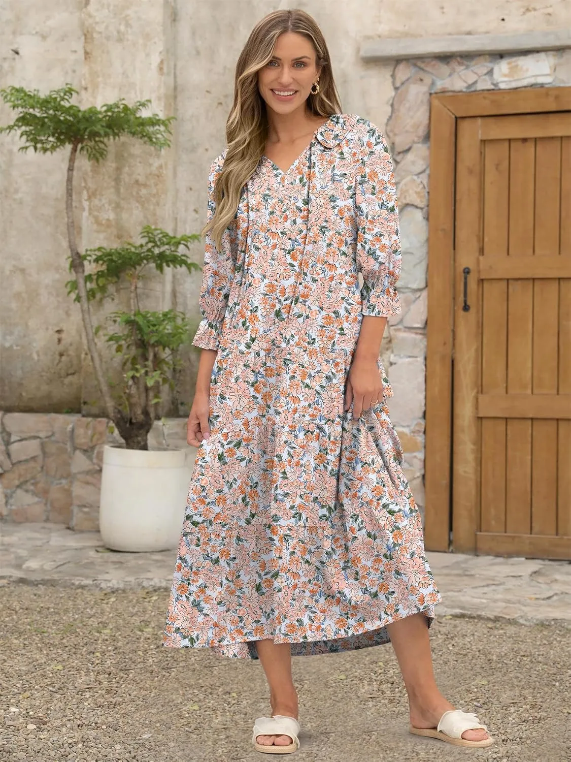 ANRABESS Women's Boho Maxi Dresses 2025 Summer Casual V Neck Puff Sleeve Floral Tiered Flowy Swing Beach Vacation Long Dress