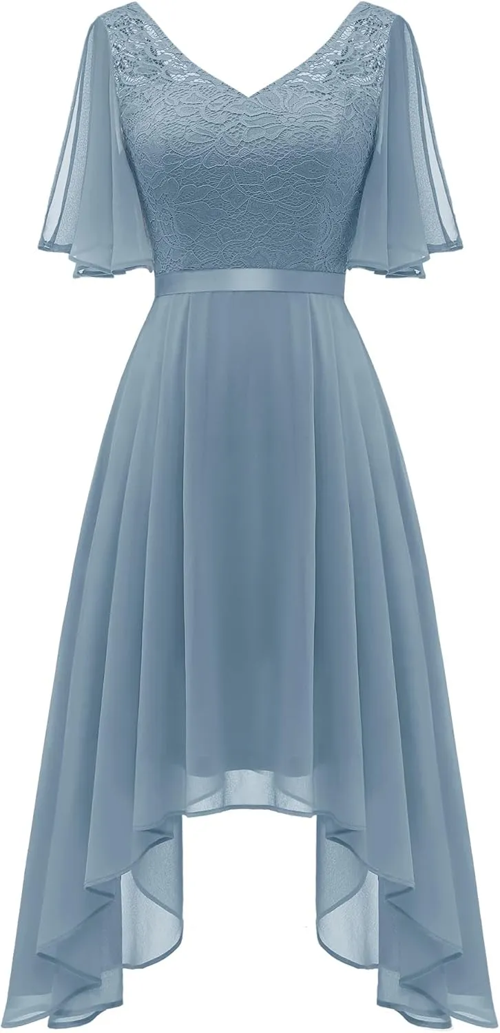 BeryLove Women's Prom Cocktail Formal Wedding Guest Lace Dress 2025 Flutter Sleeve Hem Bridesmaid Dresses