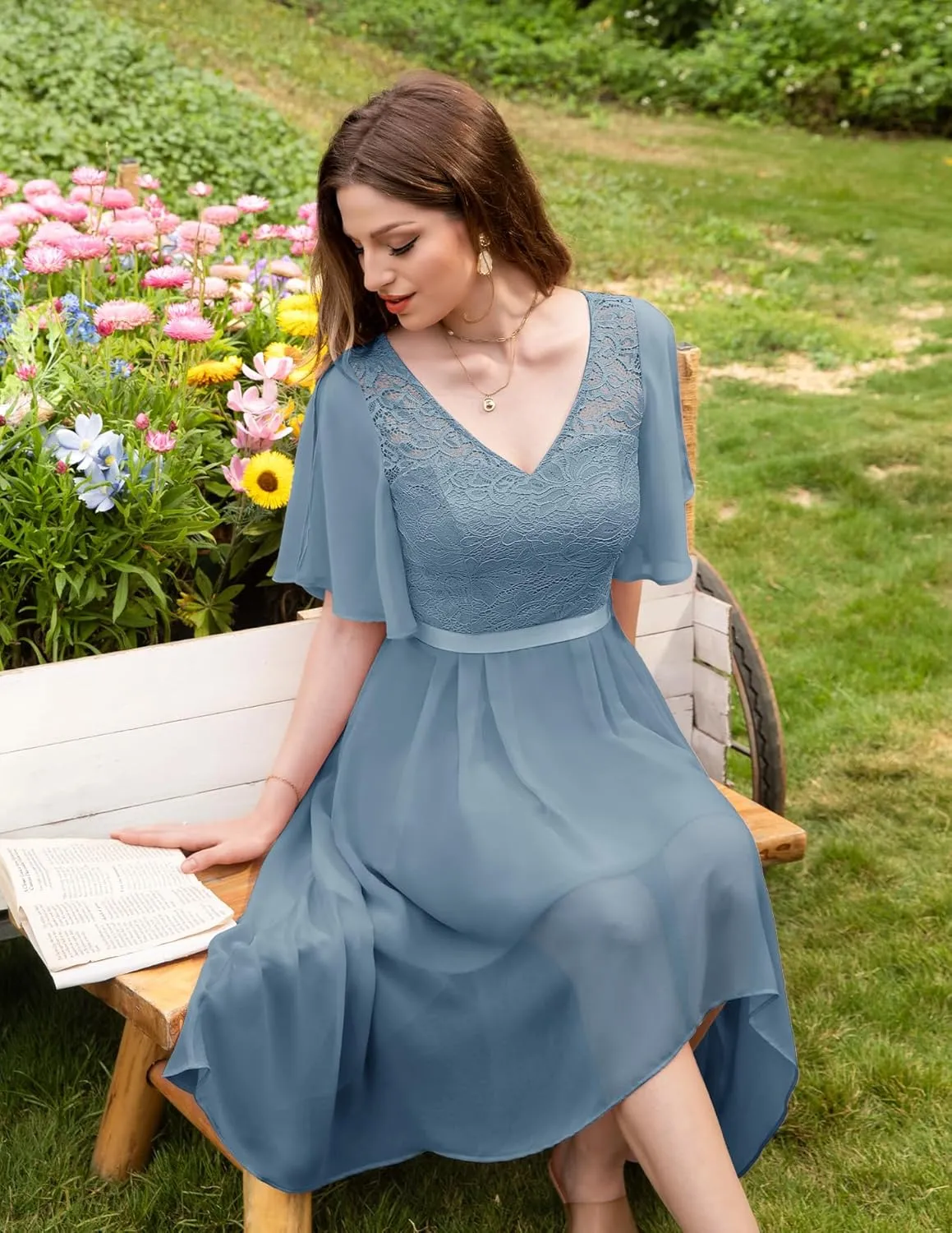 BeryLove Women's Prom Cocktail Formal Wedding Guest Lace Dress 2025 Flutter Sleeve Hem Bridesmaid Dresses