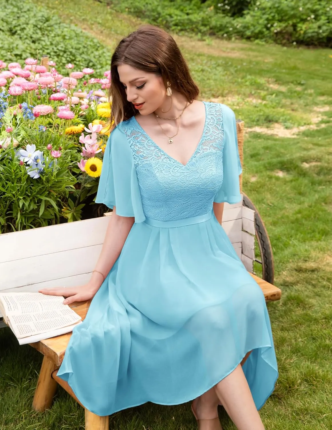 BeryLove Women's Prom Cocktail Formal Wedding Guest Lace Dress 2025 Flutter Sleeve Hem Bridesmaid Dresses