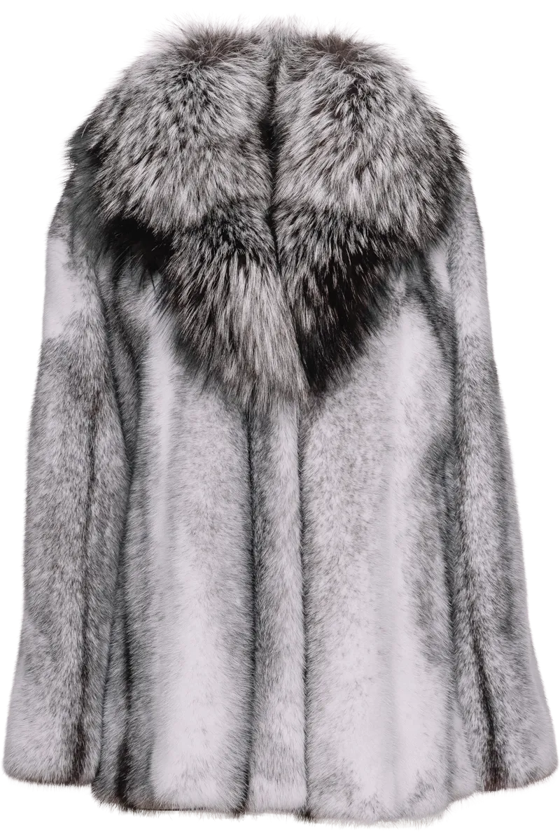 Black Cross Mink Fur Jacket - Silver Fox Shawl Collar