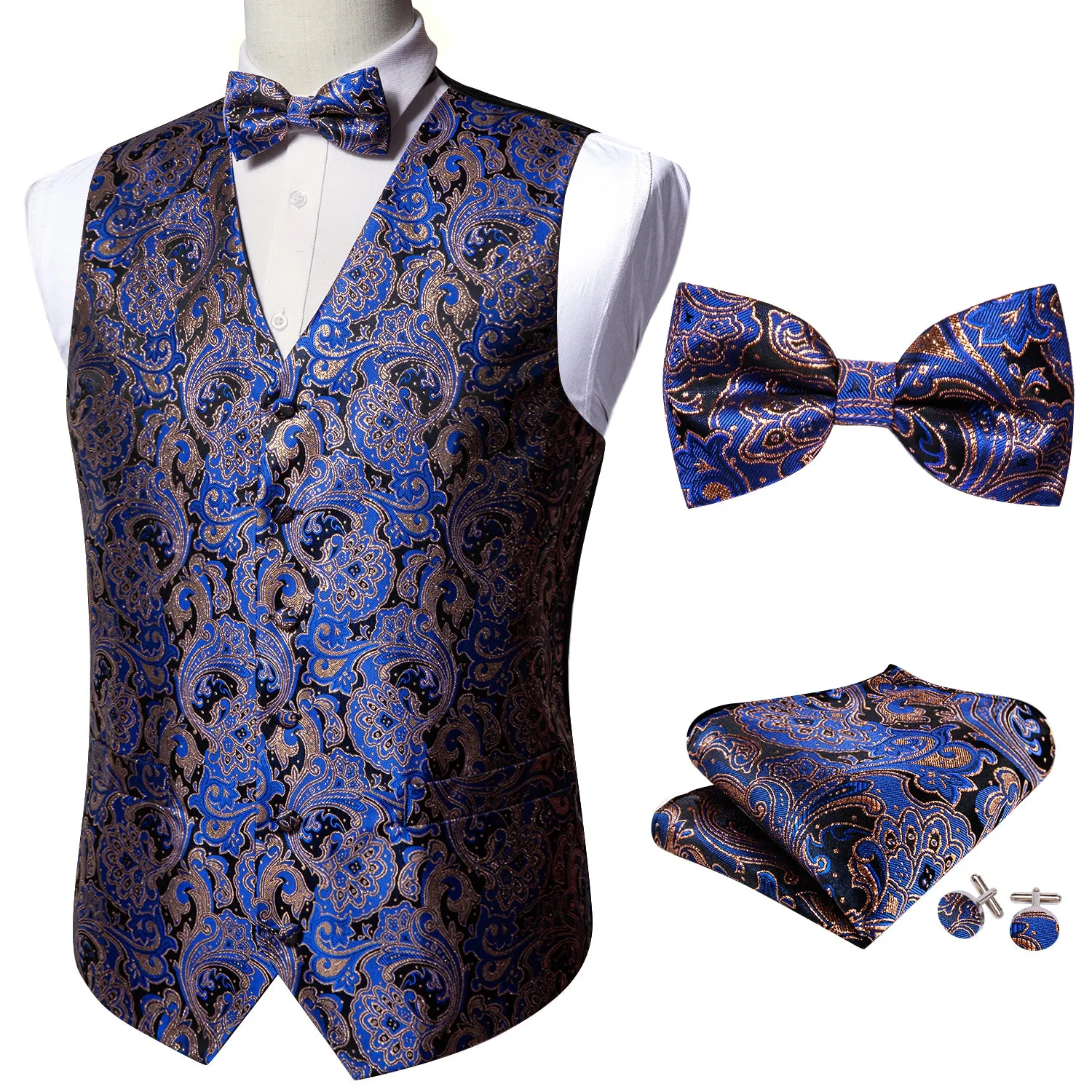 Blue Brown Paisley Silk Men's Vest Bow Tie Handkerchief Cufflinks Set Waistcoat Suit Set