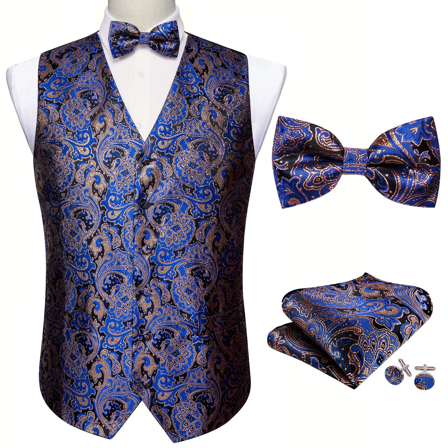 Blue Brown Paisley Silk Men's Vest Bow Tie Handkerchief Cufflinks Set Waistcoat Suit Set