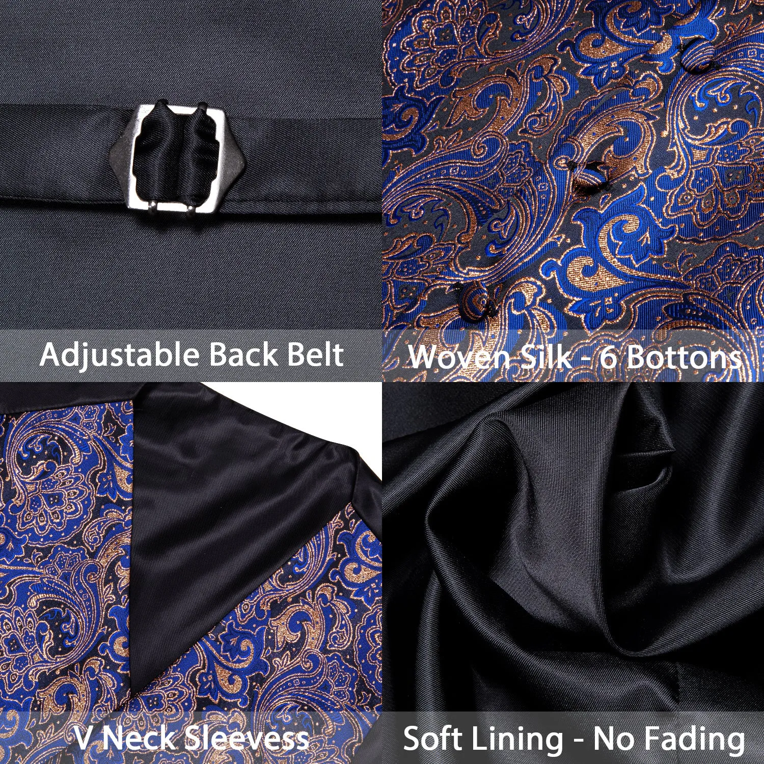Blue Brown Paisley Silk Men's Vest Bow Tie Handkerchief Cufflinks Set Waistcoat Suit Set