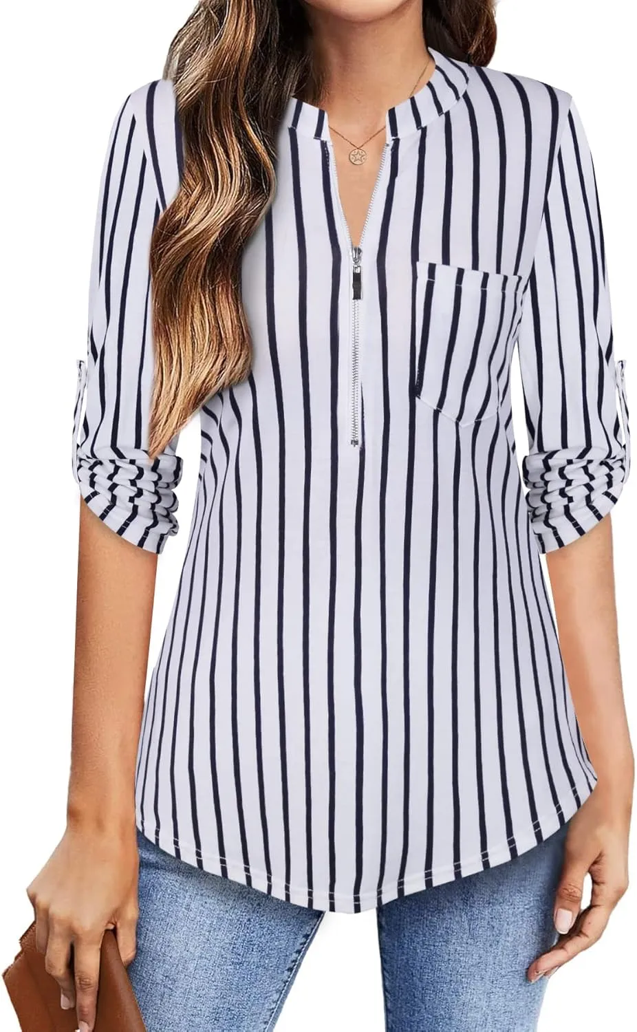 Bulotus Women's 3/4 Sleeve V-Neck Casual Plaid Tunic Shirt