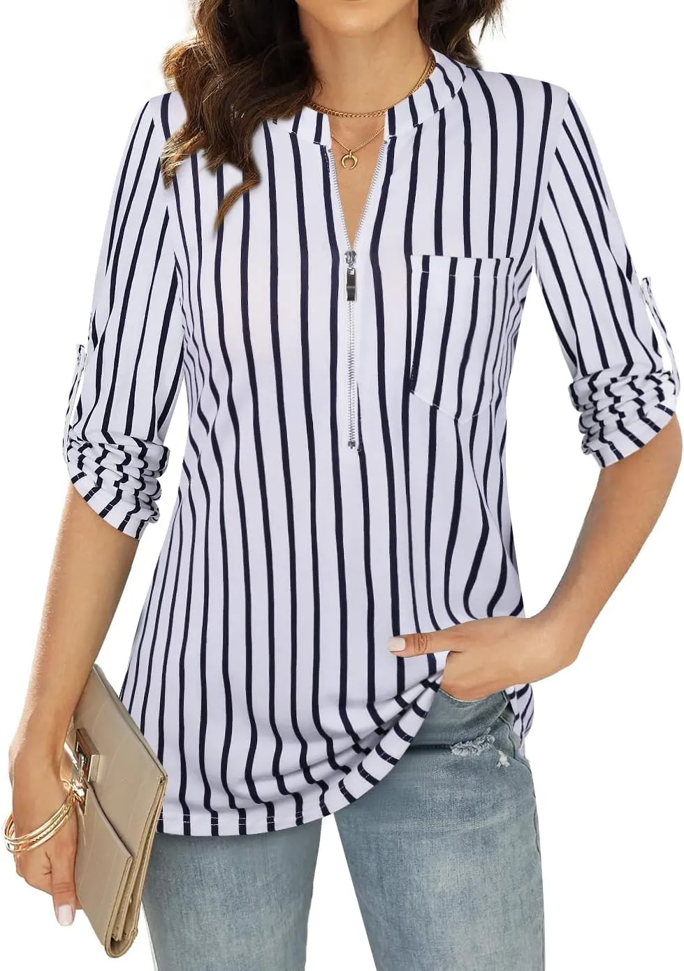 Bulotus Women's 3/4 Sleeve V-Neck Casual Plaid Tunic Shirt