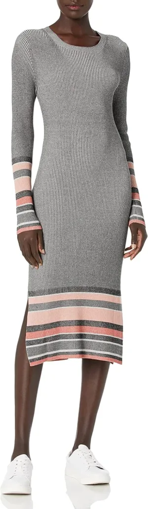 Cable Stitch Women's Stripe Ribbed Dress - Crewneck Long Sleeve Colorblock Bodycon Fitted Midi Sweater Dress