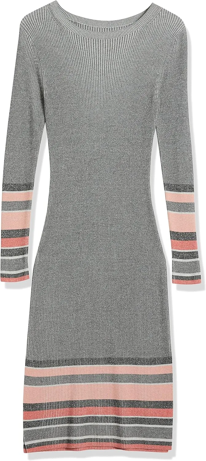 Cable Stitch Women's Stripe Ribbed Dress - Crewneck Long Sleeve Colorblock Bodycon Fitted Midi Sweater Dress