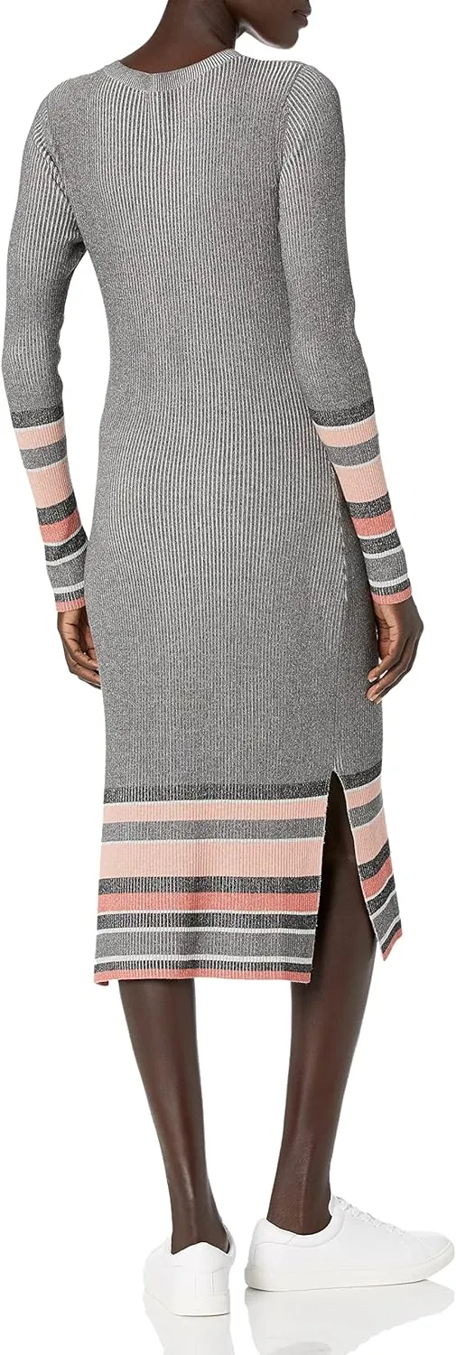 Cable Stitch Women's Stripe Ribbed Dress - Crewneck Long Sleeve Colorblock Bodycon Fitted Midi Sweater Dress