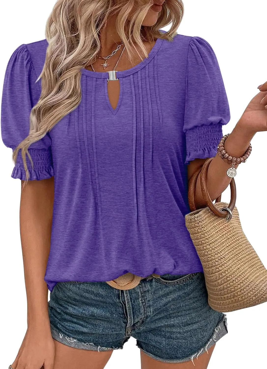 CRAZY GRID Women's Dressy Casual Top Puff Sleeve Summer Shirt Loose Trendy Pleated Blouse