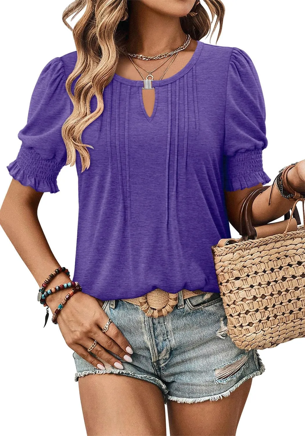 CRAZY GRID Women's Dressy Casual Top Puff Sleeve Summer Shirt Loose Trendy Pleated Blouse