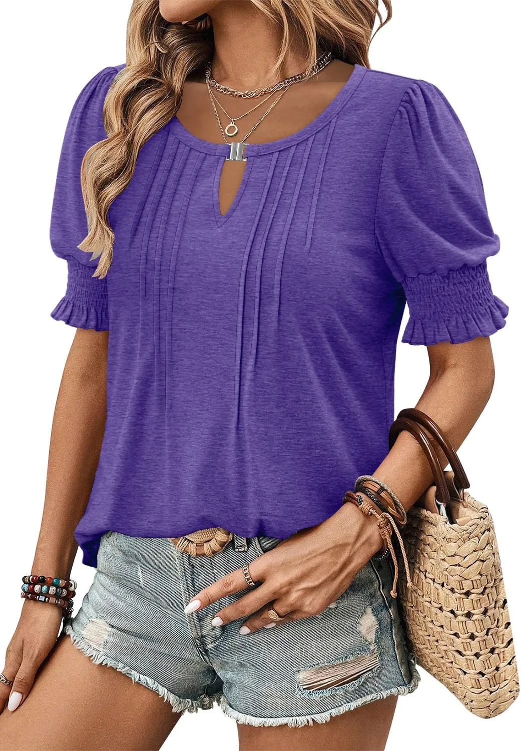 CRAZY GRID Women's Dressy Casual Top Puff Sleeve Summer Shirt Loose Trendy Pleated Blouse