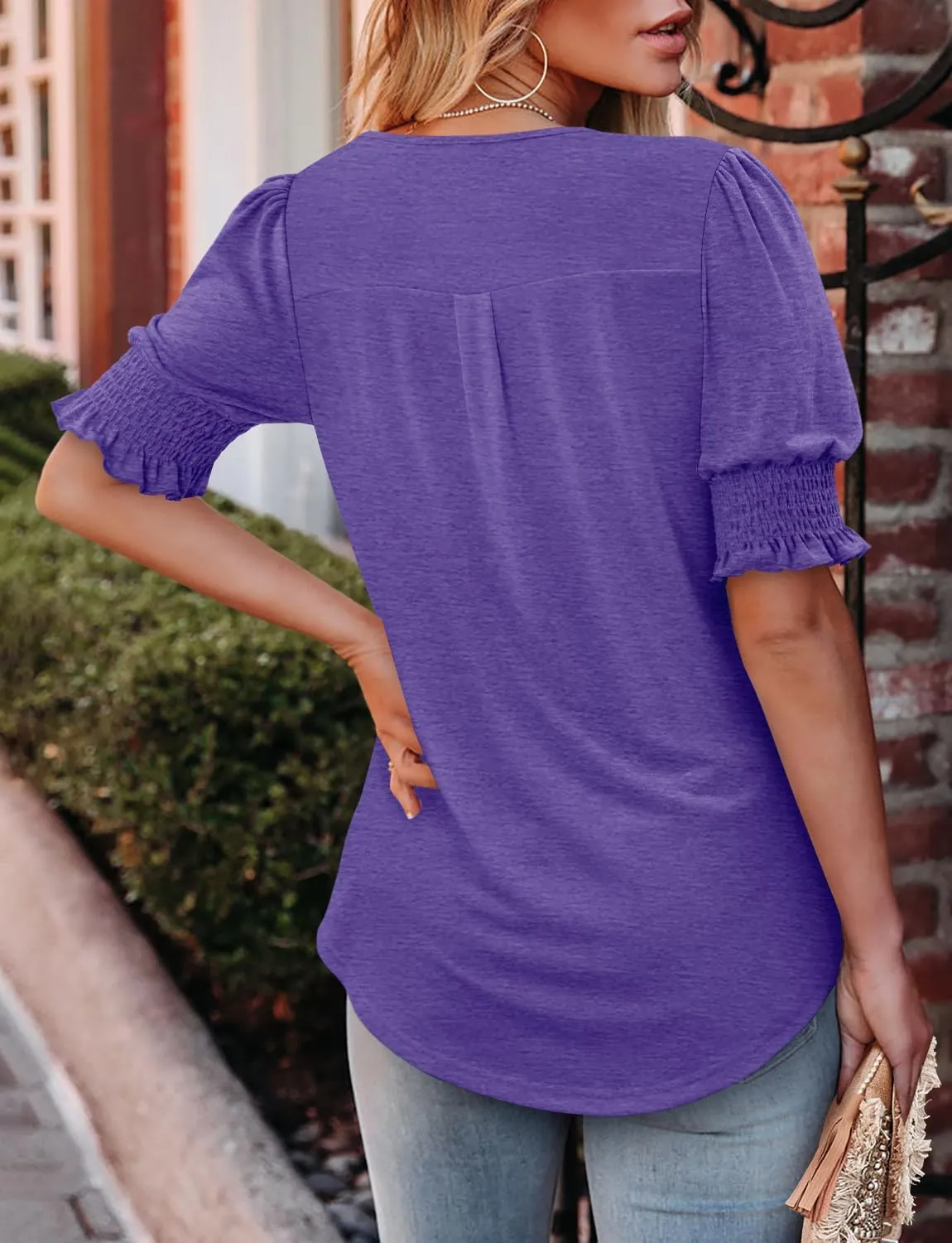 CRAZY GRID Women's Dressy Casual Top Puff Sleeve Summer Shirt Loose Trendy Pleated Blouse
