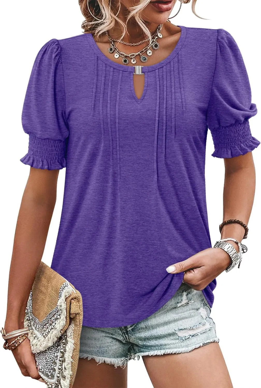 CRAZY GRID Women's Dressy Casual Top Puff Sleeve Summer Shirt Loose Trendy Pleated Blouse