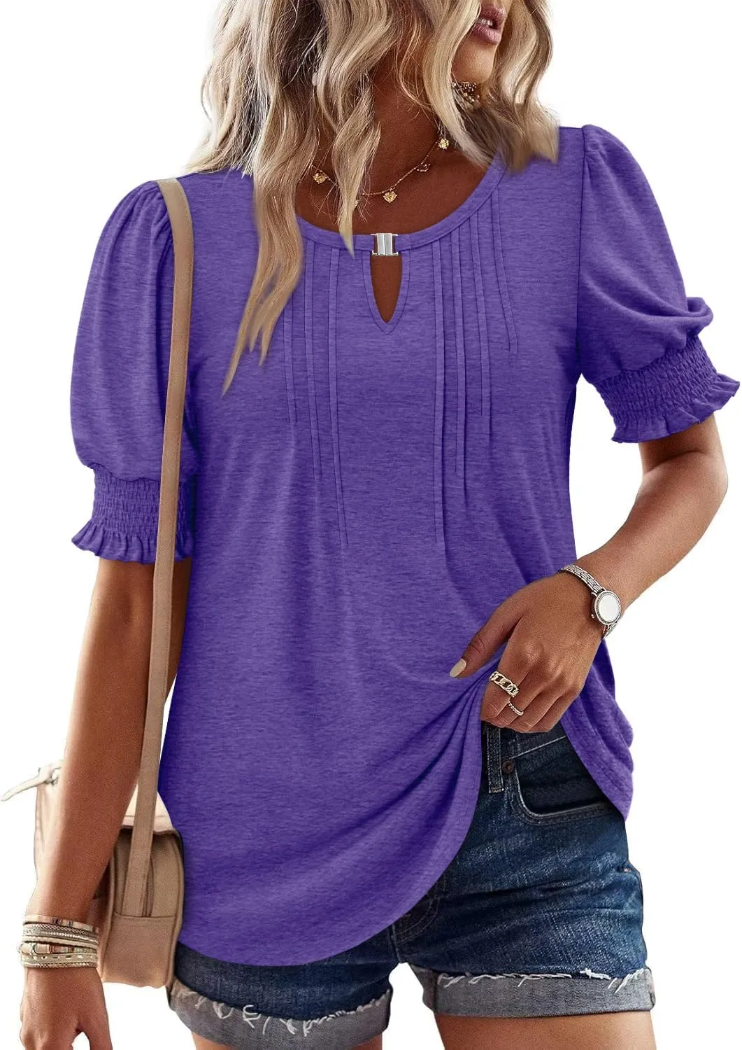 CRAZY GRID Women's Dressy Casual Top Puff Sleeve Summer Shirt Loose Trendy Pleated Blouse
