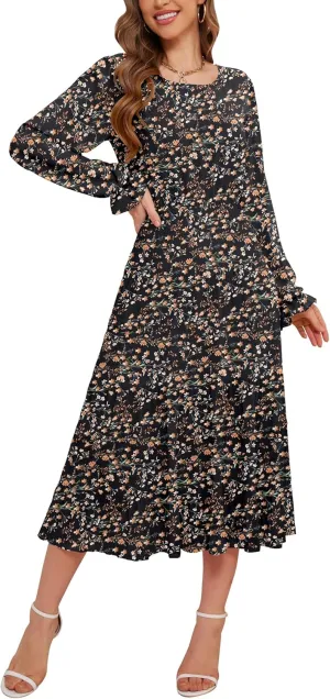 CYiNu Women's Midi Dresses Long Sleeve Crew Neck Flowy Casual Floral Boho Tiered Chiffon Smocked Elegant Dress