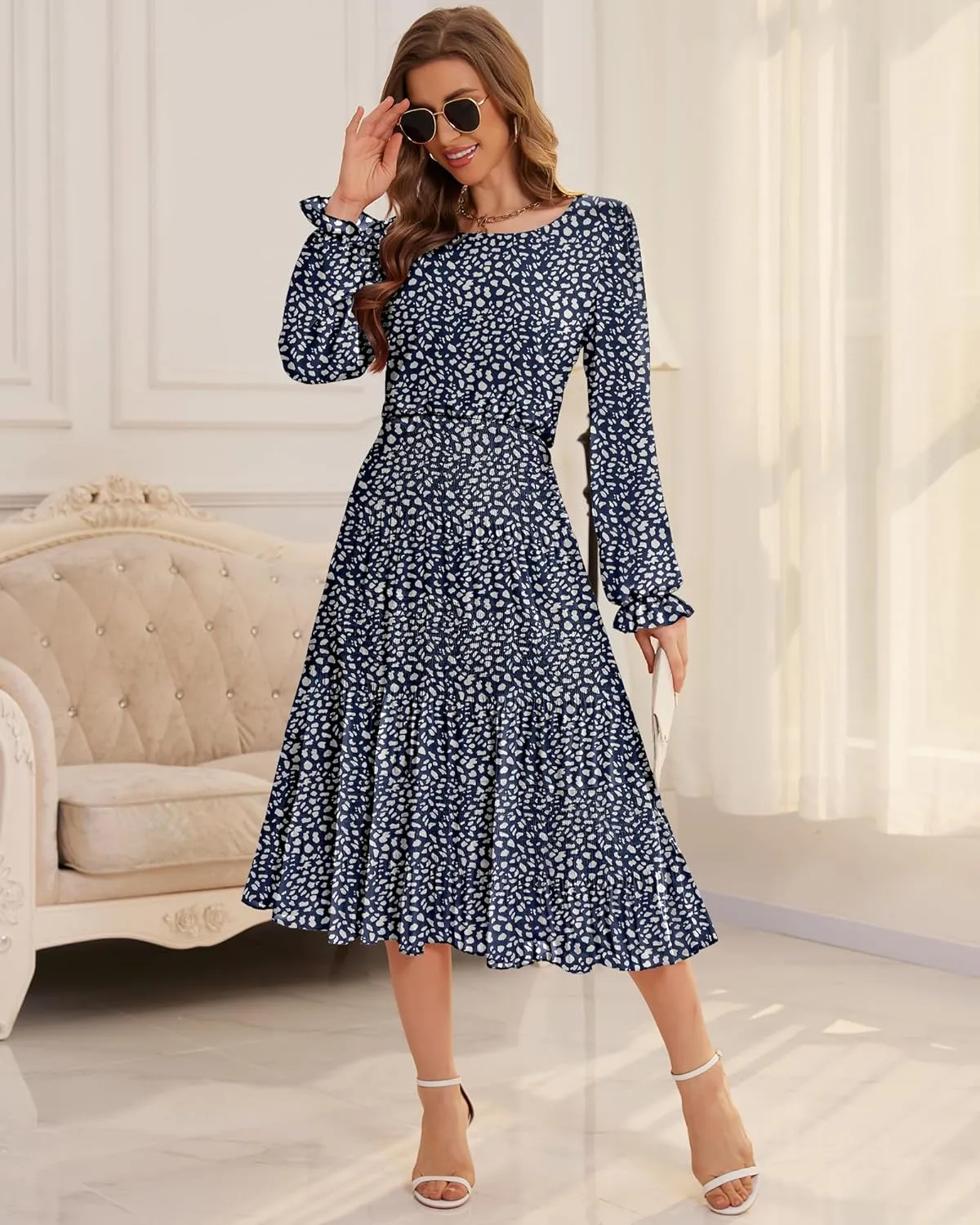 CYiNu Women's Midi Dresses Long Sleeve Crew Neck Flowy Casual Floral Boho Tiered Chiffon Smocked Elegant Dress