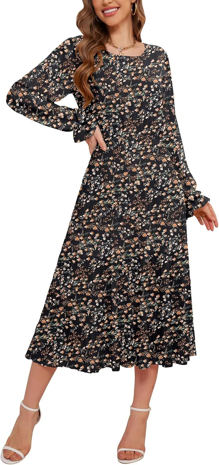 CYiNu Women's Midi Dresses Long Sleeve Crew Neck Flowy Casual Floral Boho Tiered Chiffon Smocked Elegant Dress