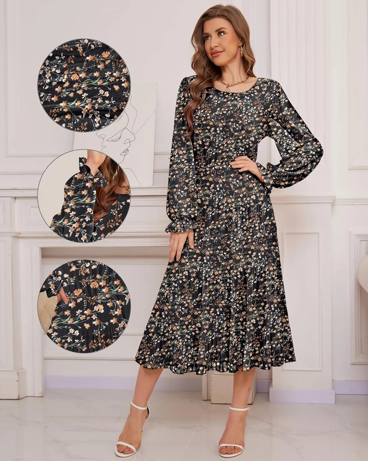 CYiNu Women's Midi Dresses Long Sleeve Crew Neck Flowy Casual Floral Boho Tiered Chiffon Smocked Elegant Dress