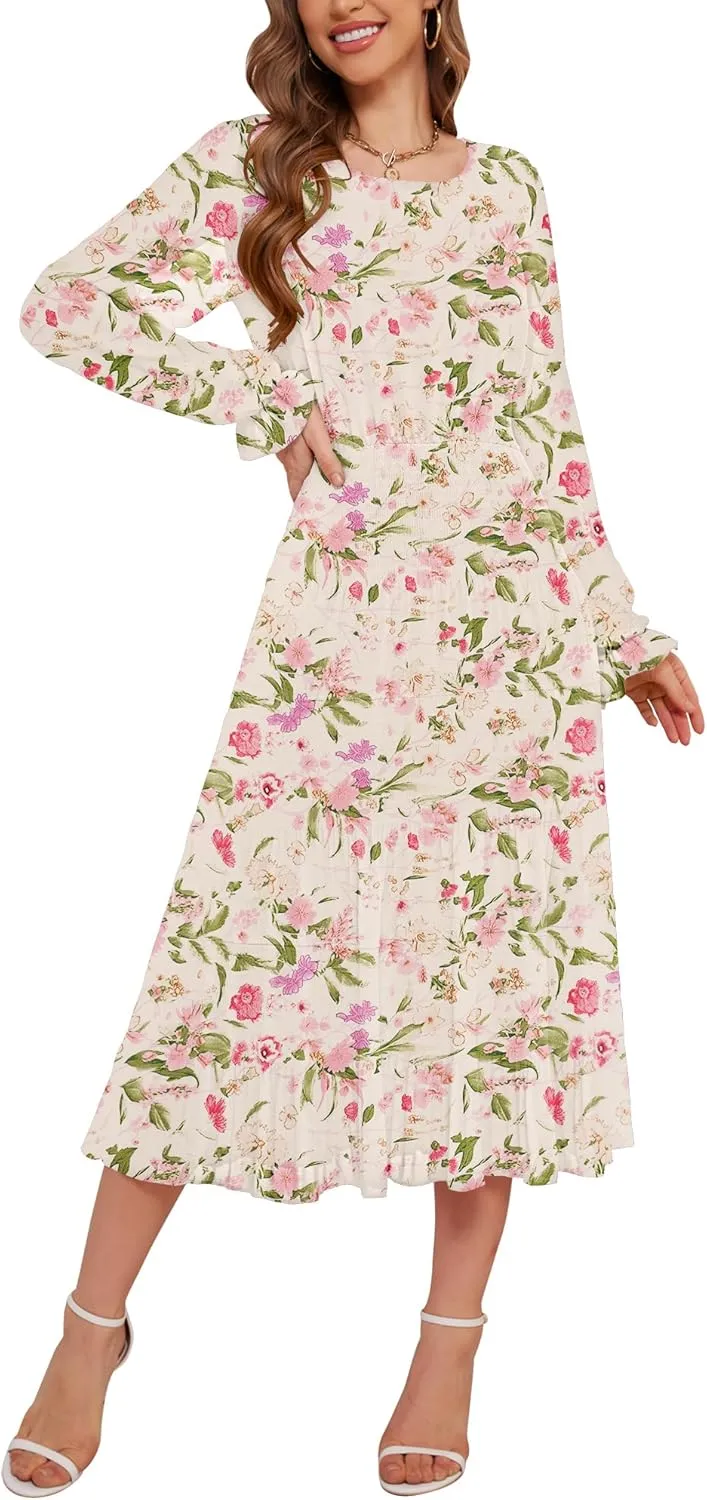 CYiNu Women's Midi Dresses Long Sleeve Crew Neck Flowy Casual Floral Boho Tiered Chiffon Smocked Elegant Dress