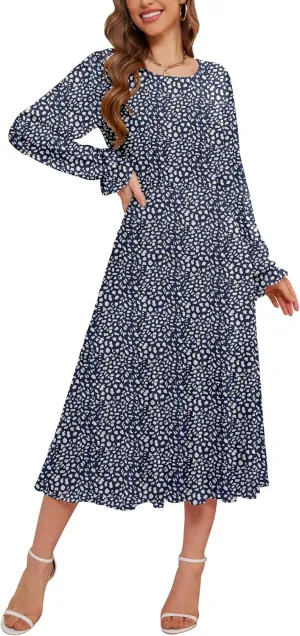 CYiNu Women's Midi Dresses Long Sleeve Crew Neck Flowy Casual Floral Boho Tiered Chiffon Smocked Elegant Dress
