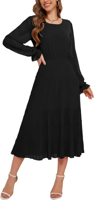 CYiNu Women's Midi Dresses Long Sleeve Crew Neck Flowy Casual Floral Boho Tiered Chiffon Smocked Elegant Dress