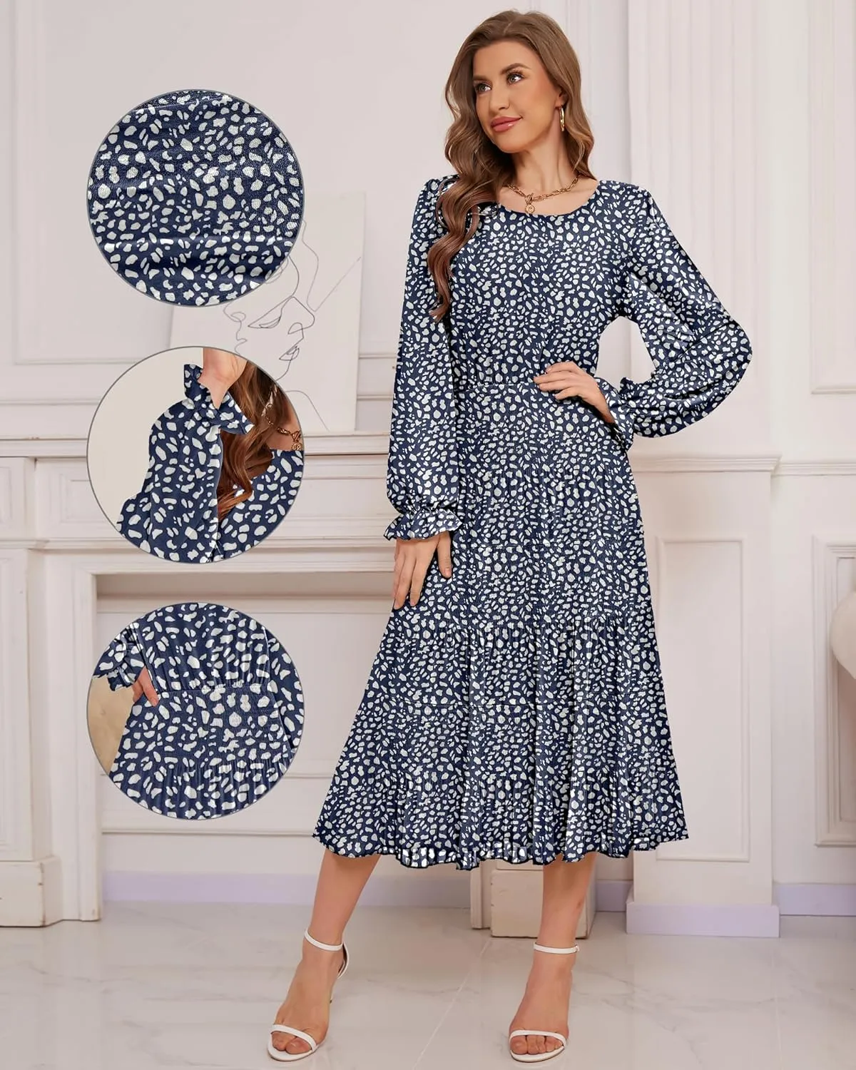 CYiNu Women's Midi Dresses Long Sleeve Crew Neck Flowy Casual Floral Boho Tiered Chiffon Smocked Elegant Dress