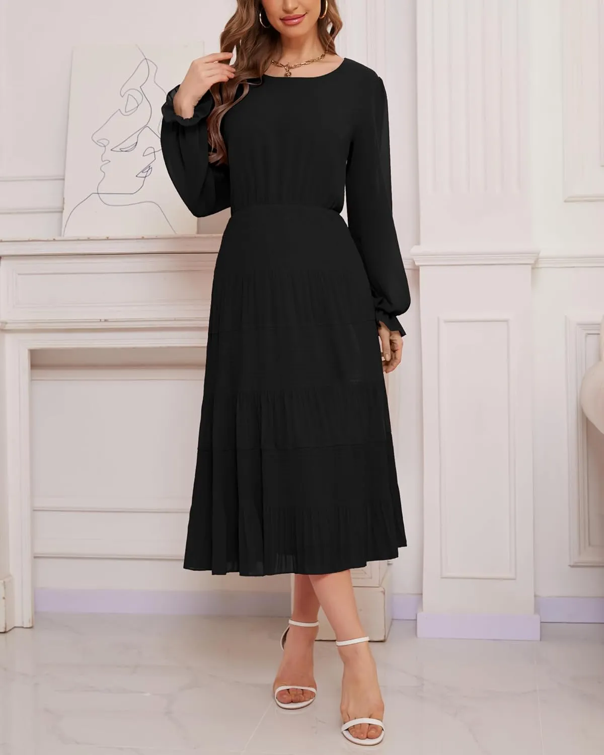CYiNu Women's Midi Dresses Long Sleeve Crew Neck Flowy Casual Floral Boho Tiered Chiffon Smocked Elegant Dress