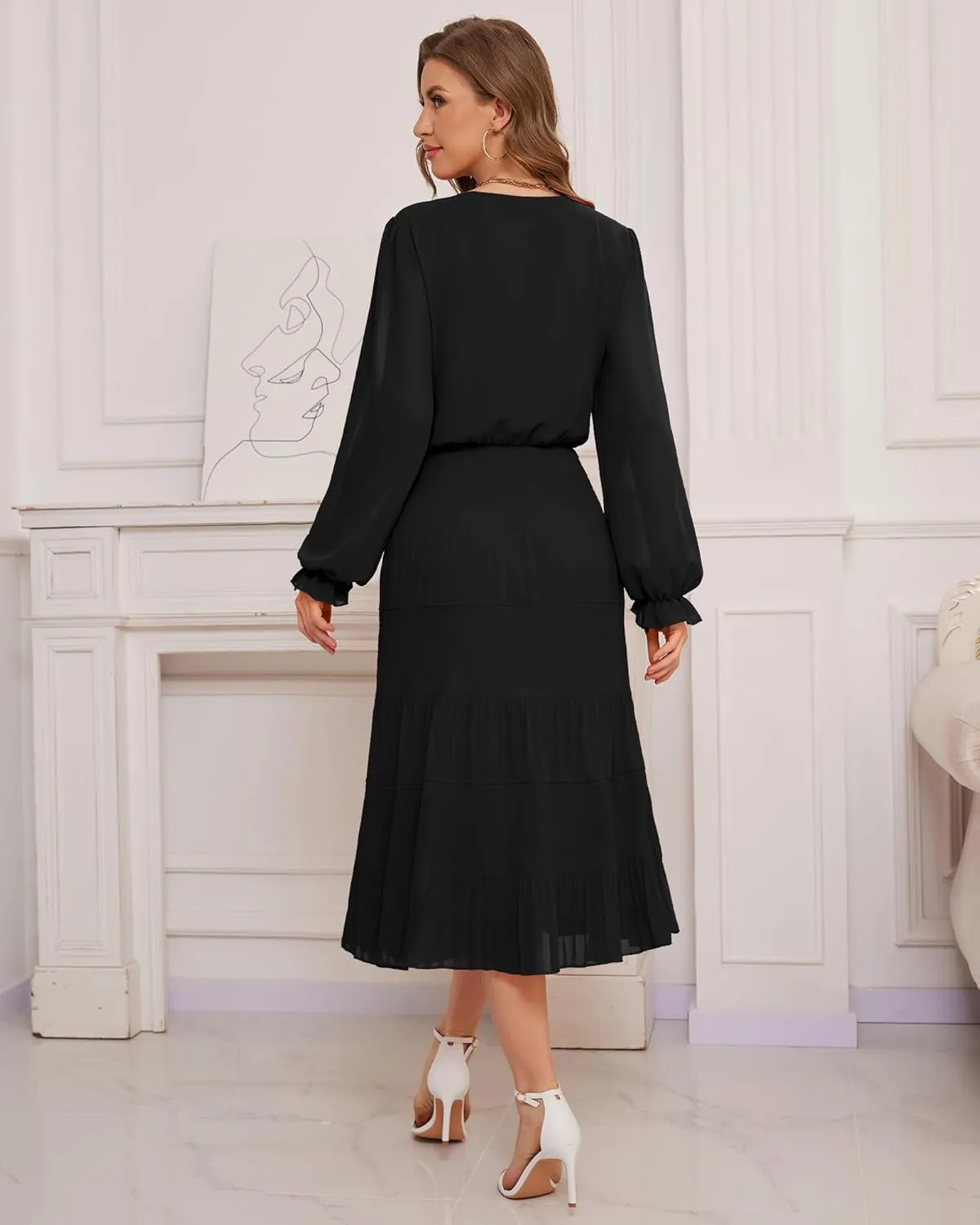 CYiNu Women's Midi Dresses Long Sleeve Crew Neck Flowy Casual Floral Boho Tiered Chiffon Smocked Elegant Dress