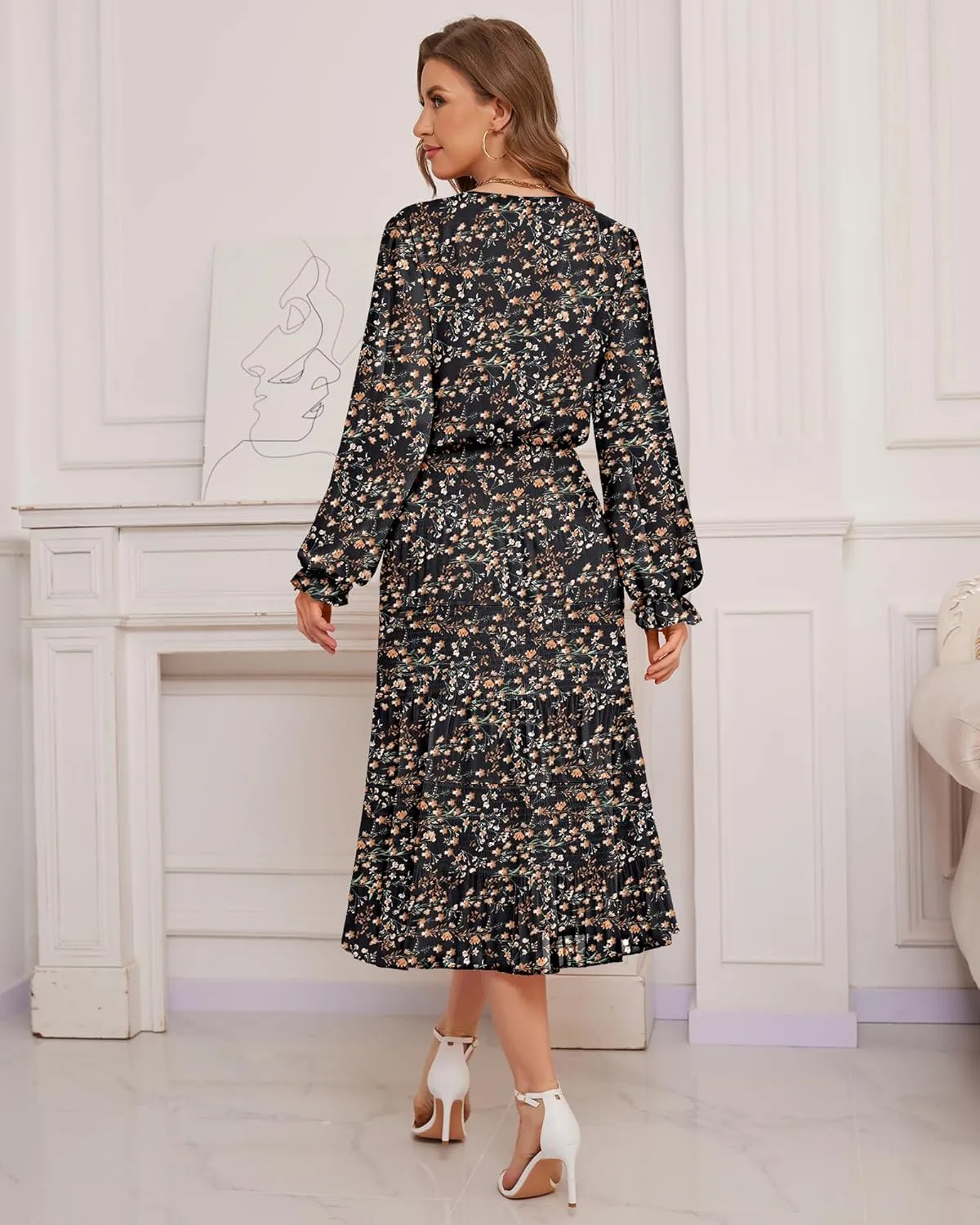 CYiNu Women's Midi Dresses Long Sleeve Crew Neck Flowy Casual Floral Boho Tiered Chiffon Smocked Elegant Dress