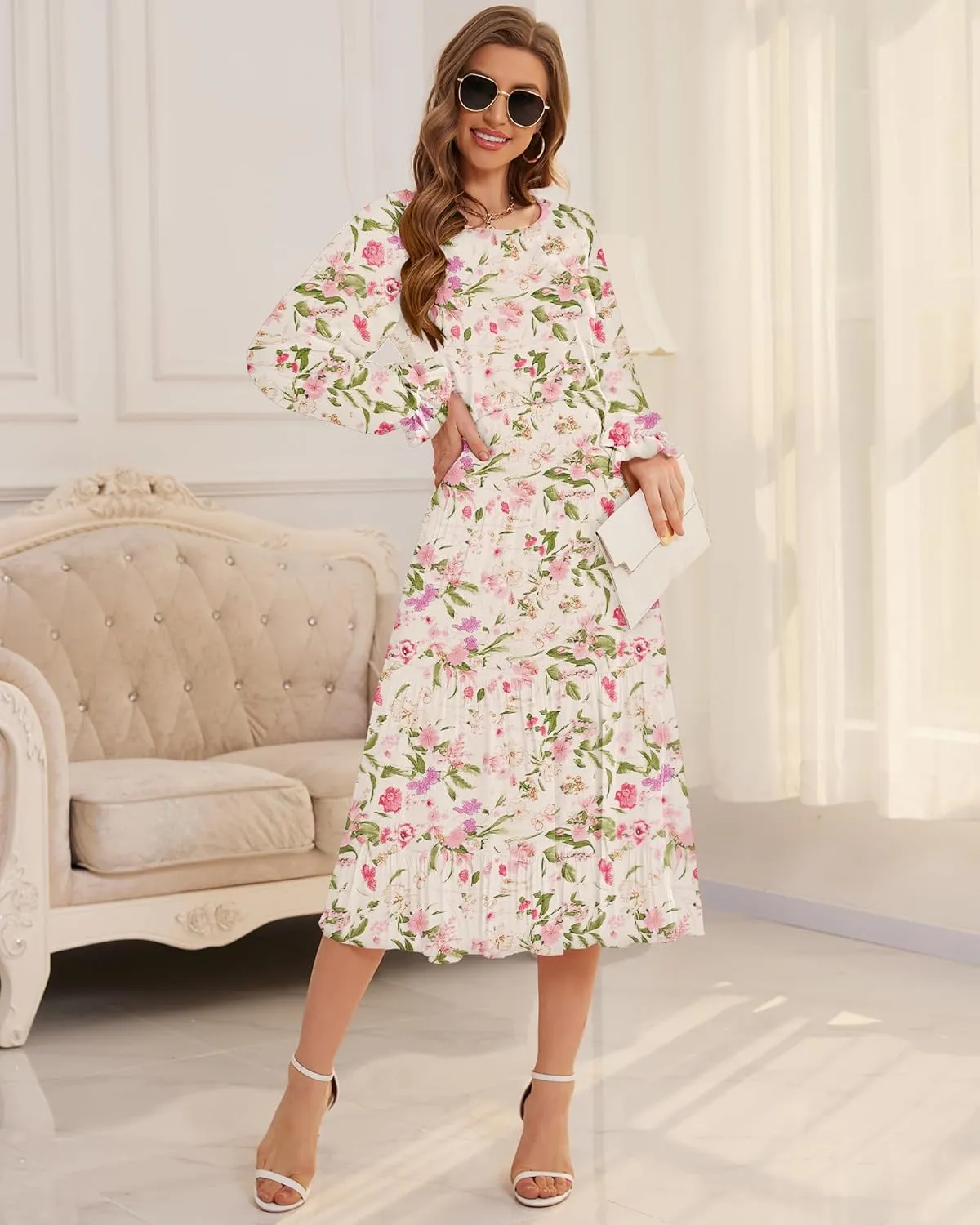 CYiNu Women's Midi Dresses Long Sleeve Crew Neck Flowy Casual Floral Boho Tiered Chiffon Smocked Elegant Dress