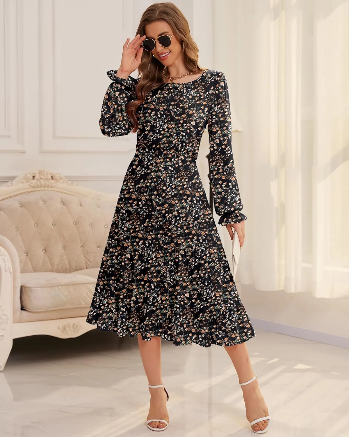 CYiNu Women's Midi Dresses Long Sleeve Crew Neck Flowy Casual Floral Boho Tiered Chiffon Smocked Elegant Dress