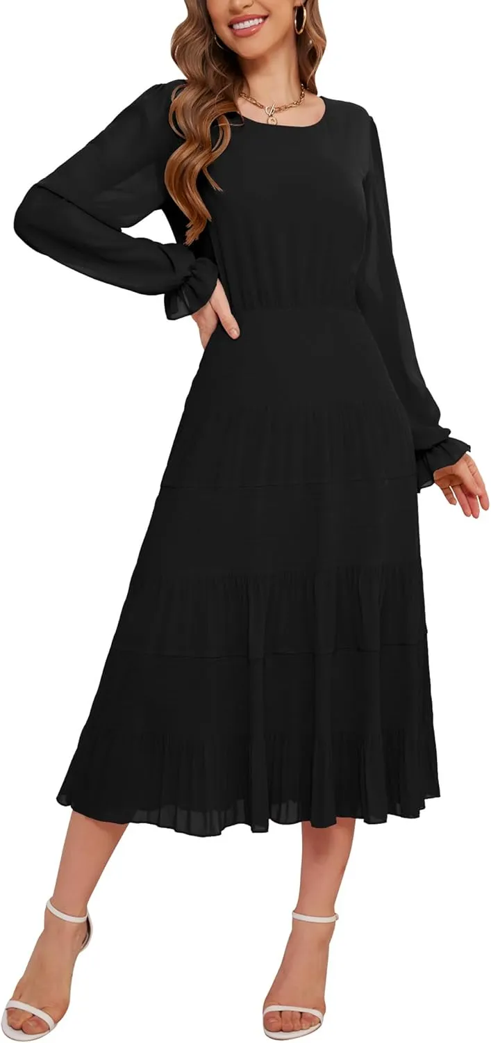 CYiNu Women's Midi Dresses Long Sleeve Crew Neck Flowy Casual Floral Boho Tiered Chiffon Smocked Elegant Dress