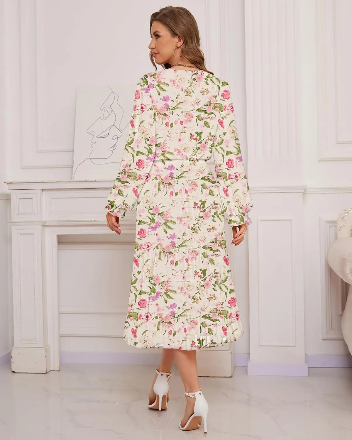 CYiNu Women's Midi Dresses Long Sleeve Crew Neck Flowy Casual Floral Boho Tiered Chiffon Smocked Elegant Dress
