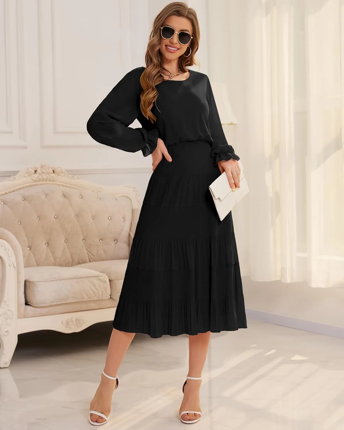 CYiNu Women's Midi Dresses Long Sleeve Crew Neck Flowy Casual Floral Boho Tiered Chiffon Smocked Elegant Dress