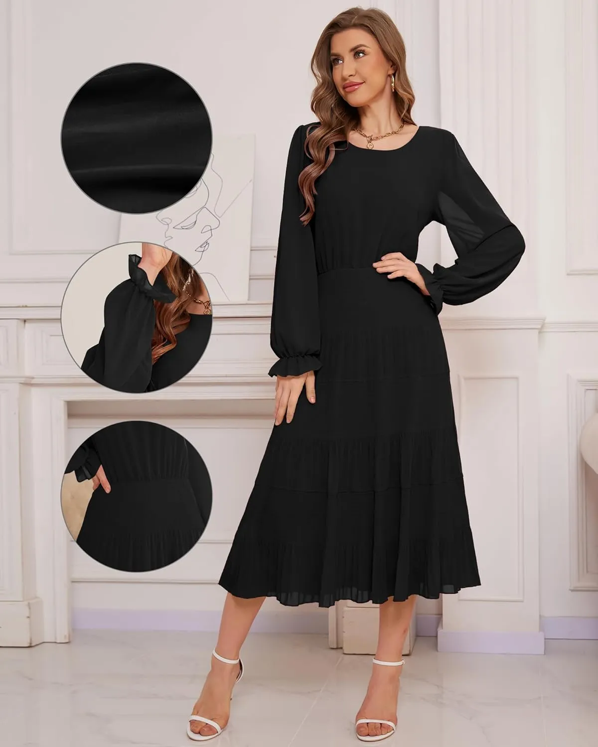 CYiNu Women's Midi Dresses Long Sleeve Crew Neck Flowy Casual Floral Boho Tiered Chiffon Smocked Elegant Dress