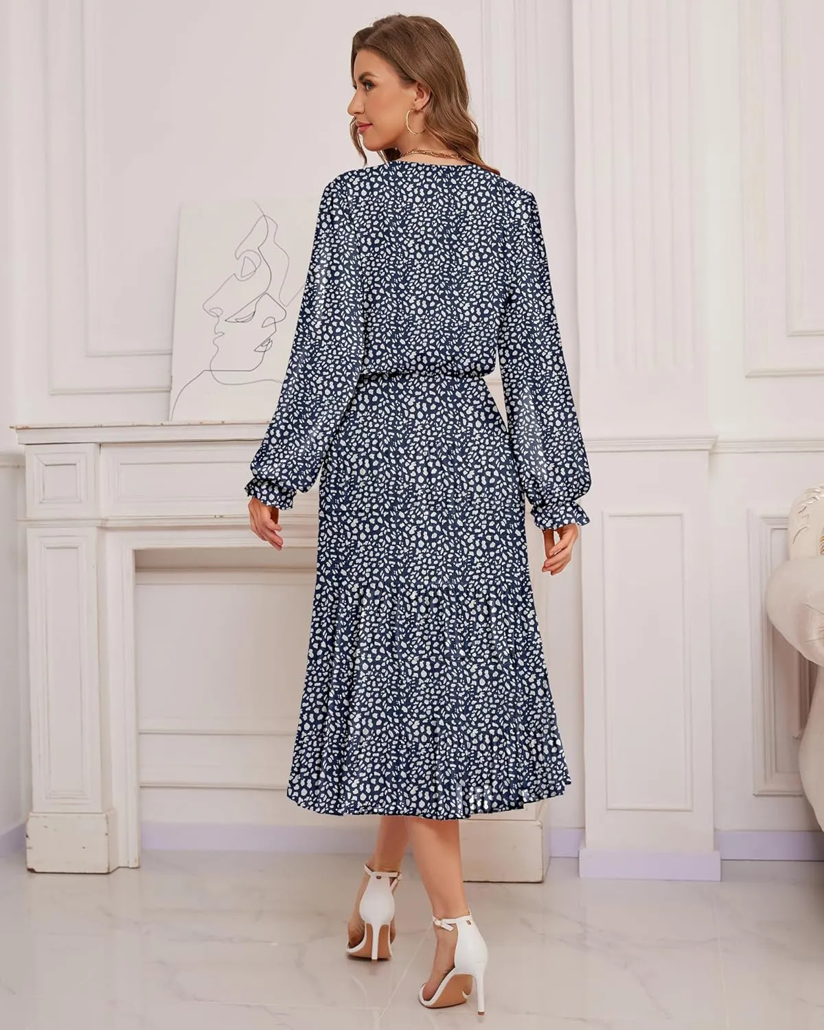 CYiNu Women's Midi Dresses Long Sleeve Crew Neck Flowy Casual Floral Boho Tiered Chiffon Smocked Elegant Dress