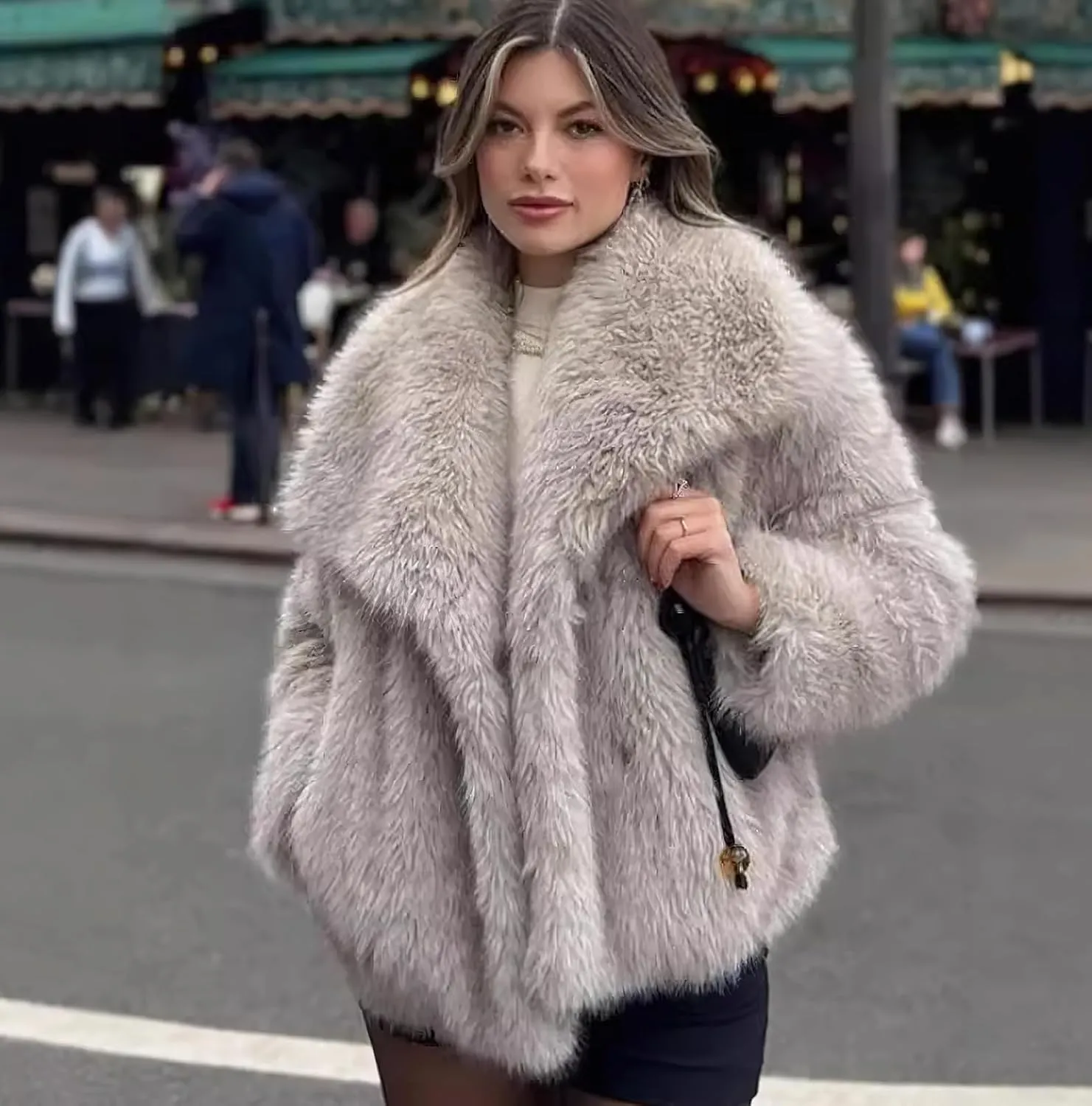 ebossy Women's Faux Fur Crop Jacket Long Sleeve Lapel Winter Warm Fluffly Leopard Pure Color Sherpa Coat