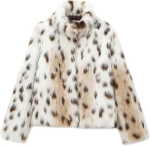 ebossy Women's Faux Fur Crop Jacket Long Sleeve Lapel Winter Warm Fluffly Leopard Pure Color Sherpa Coat