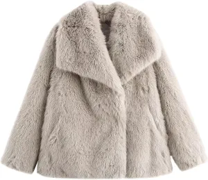 ebossy Women's Faux Fur Crop Jacket Long Sleeve Lapel Winter Warm Fluffly Leopard Pure Color Sherpa Coat