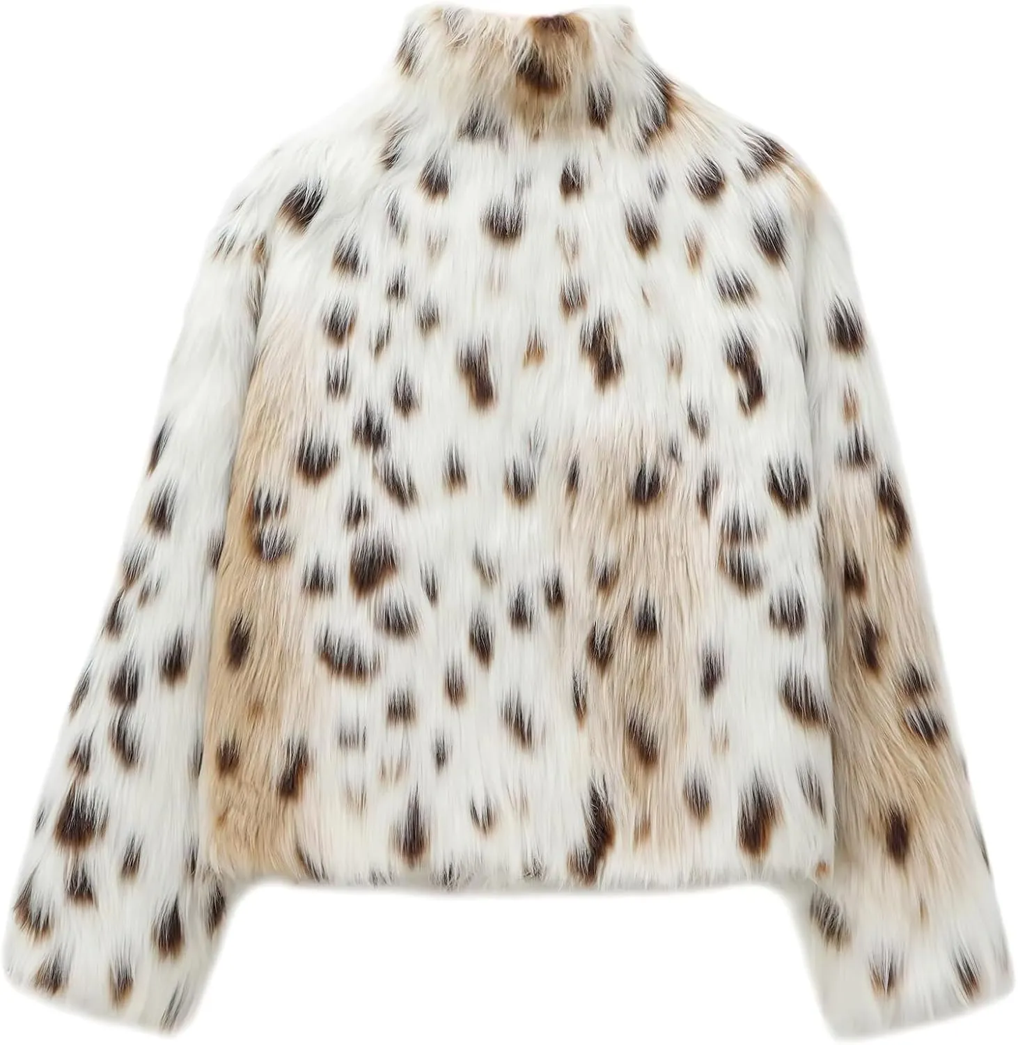 ebossy Women's Faux Fur Crop Jacket Long Sleeve Lapel Winter Warm Fluffly Leopard Pure Color Sherpa Coat