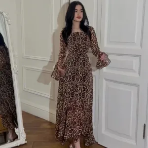 Fashionkova 2024 fall fashion trends  Spring New Chiffon Leopard Print Lotus Leaf Sleeve Temperament Long Stitching Irregular Dress